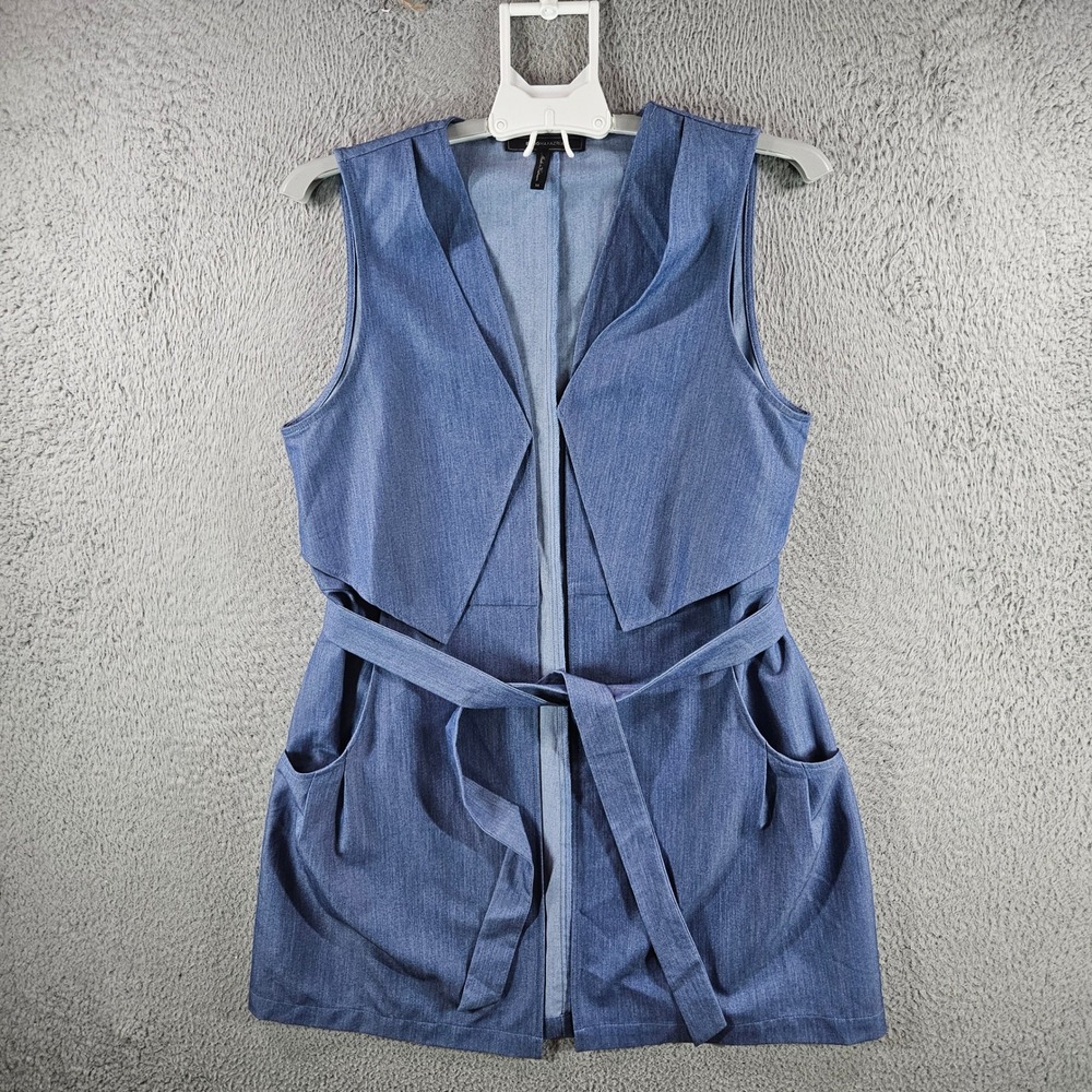 BCBGMAXAZRIA Blue Belted Draped Open Front Vest Jacket Womens Medium